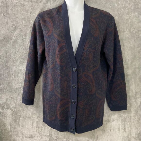 Vtg. Evan Picone wool blend Paisley Button up Cardigan Sweater Women’s  M Navy - Picture 1 of 9